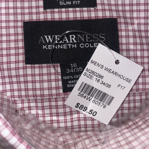 NWT Mens LS Kenneth Cole Shirt Red & Tan Box Plaid on cream - Picture 3 of 3